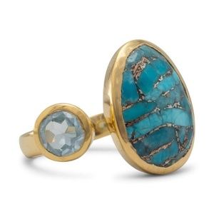 14K Gold Plated Ring with Blue Topaz and Turquoise